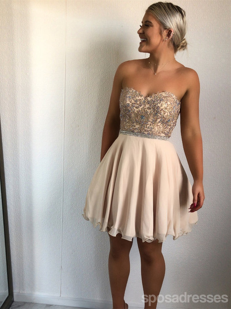 Champagne Sweetheart Lace Beaded Short Cheap Homecoming Dresses Online, CM581