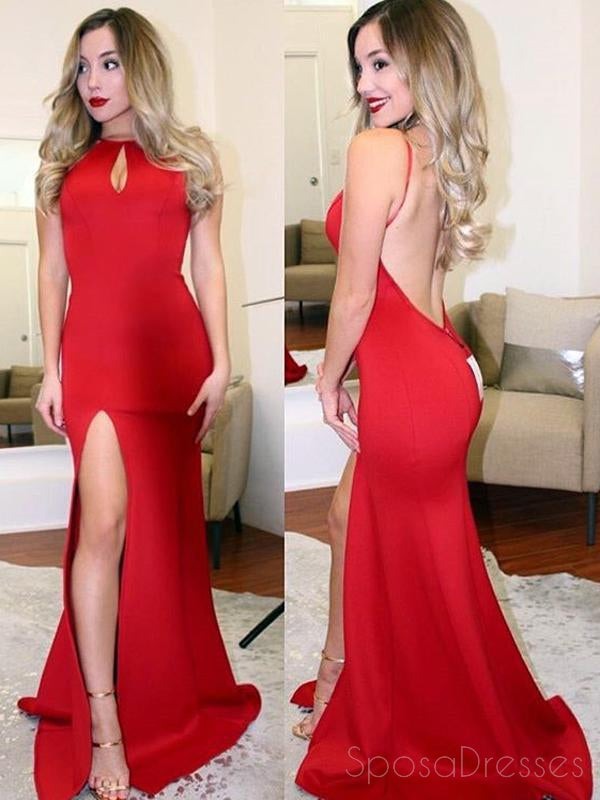 Sexy Backless Side Slit Mermaid Red Long Cheap Evening Prom Dresses, 17535