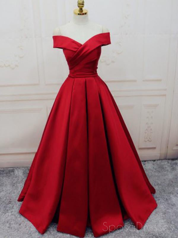 Simple Red Off Shoulder A line Long Cheap Evening Prom Dresses, 17537