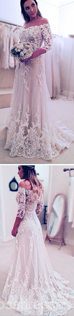 Εκπληκτικά μακρυά μανίκια ώμου μακρυά μανίκια A-line Φόρεμα γάμου, WD0059