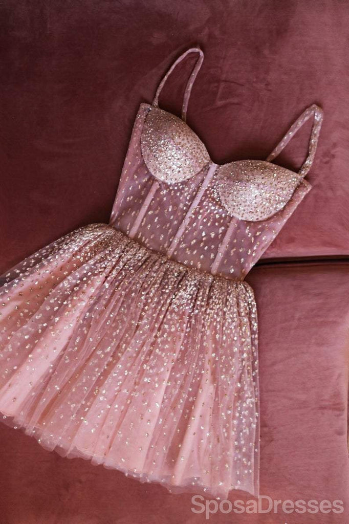 Straps Rhinestone Δείτε Μέσα Από Dusty Pink Homecoming Φορέματα Σε Απευθείας Σύνδεση, Φθηνά Κοντό Φορέματα Prom, CM819