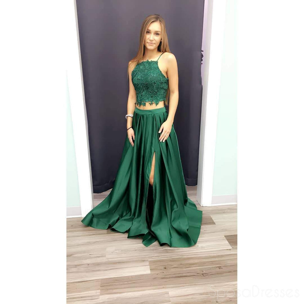 Sexy Two Pieces Emerald Green Side Slit Lace Bodice Long Evening Prom Dresses, Popular Cheap Long Custom Party Prom Dresses, 17319
