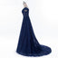 Καπάκι Μανίκι Ναυτικό Μπλε Δούμε Μέσα από Μια γραμμή από Δαντέλα διακοσμημένο με Χάντρες Μακρύ Βράδυ Φορέματα Prom, τη Δημοφιλή Φτηνή Καιρό 2018 Κόμμα Φορέματα Prom, 17229