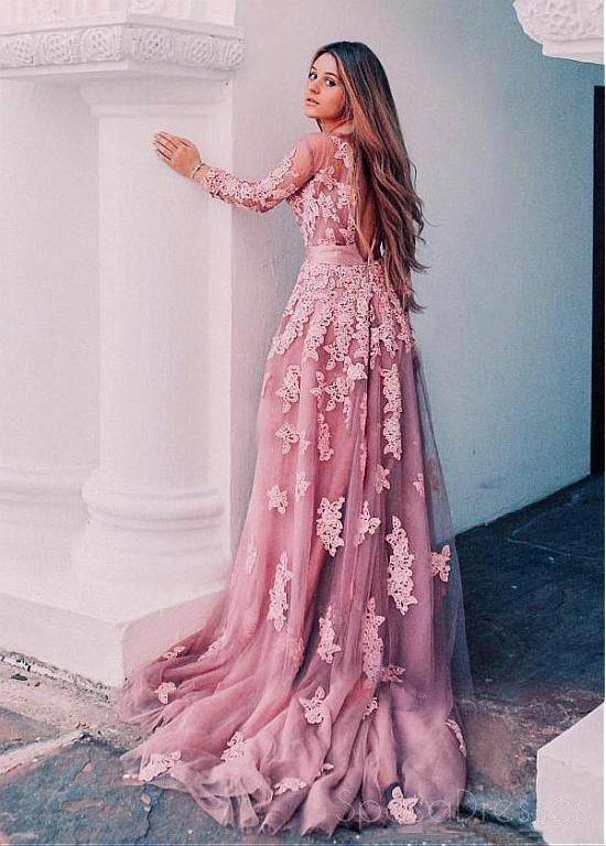 Sexy Open Back Pink Long Sleeve Lace Long Evening Prom Dresses, 17484