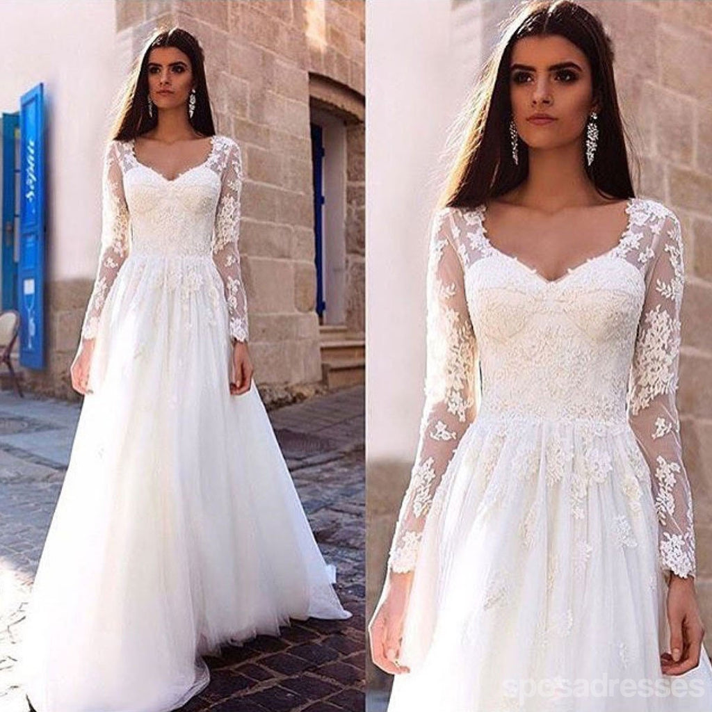 Long Sleeve Lace A-line Cheap Wedding Dresses Online, WD366