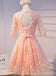 Long Sleeve Peach Open back Lace Cute Homecoming Prom Dresses, Affordable Short Party Prom Dresses, Perfect Homecoming Dresses, CM316