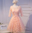 Long Sleeve Peach Open back Lace Cute Homecoming Prom Dresses, Affordable Short Party Prom Dresses, Perfect Homecoming Dresses, CM316