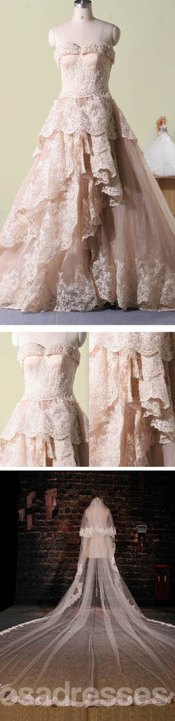 Vantage Pink Lace Sweetheart Classic Style Long A-line Wedding Party Dresses, WD0066
