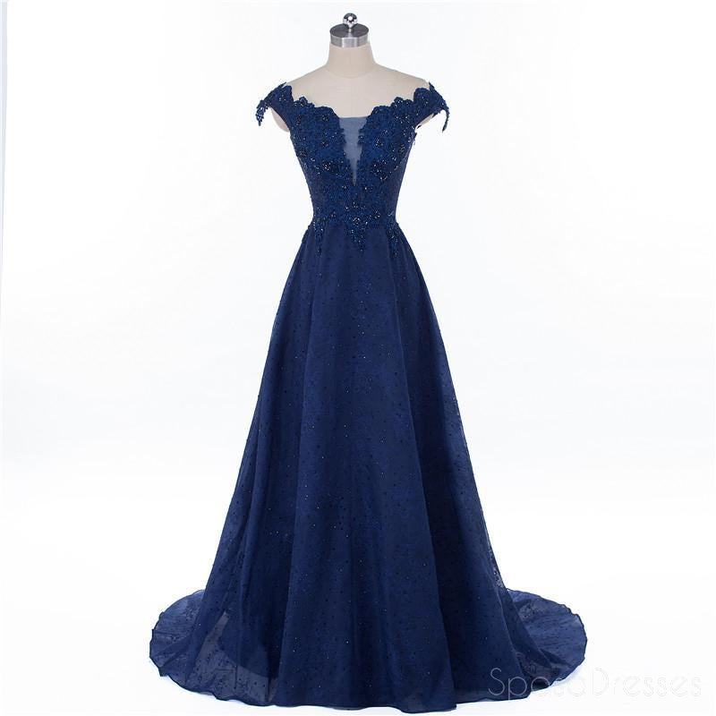 Καπάκι Μανίκι Ναυτικό Μπλε Δούμε Μέσα από Μια γραμμή από Δαντέλα διακοσμημένο με Χάντρες Μακρύ Βράδυ Φορέματα Prom, τη Δημοφιλή Φτηνή Καιρό 2018 Κόμμα Φορέματα Prom, 17229