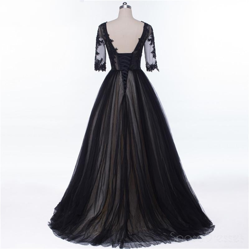 Sexy Backless Long Sleeve Black See Through Lace Beaded Long Evening Prom Dresses, Popular Cheap Long 2018 Party Prom Dresses, 17229