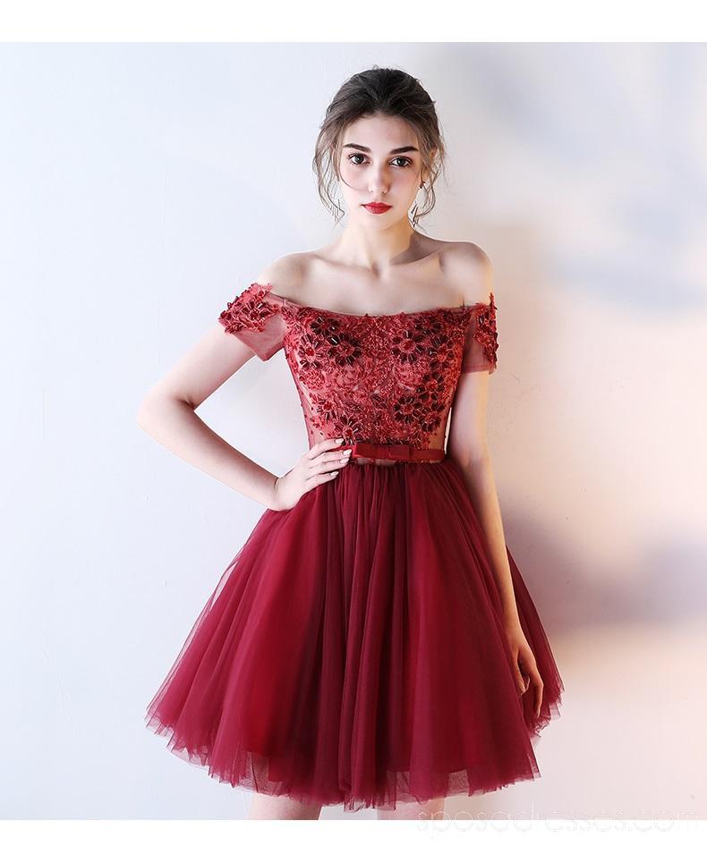 Off Shoulder Lace Beaded See Through Red Homecoming Kleider Online, Günstige kurze Prom Kleider, CM790