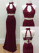 Sexy Two Pieces Red Lace Beaded Halter Long Custom Evening Prom Dresses, 17402