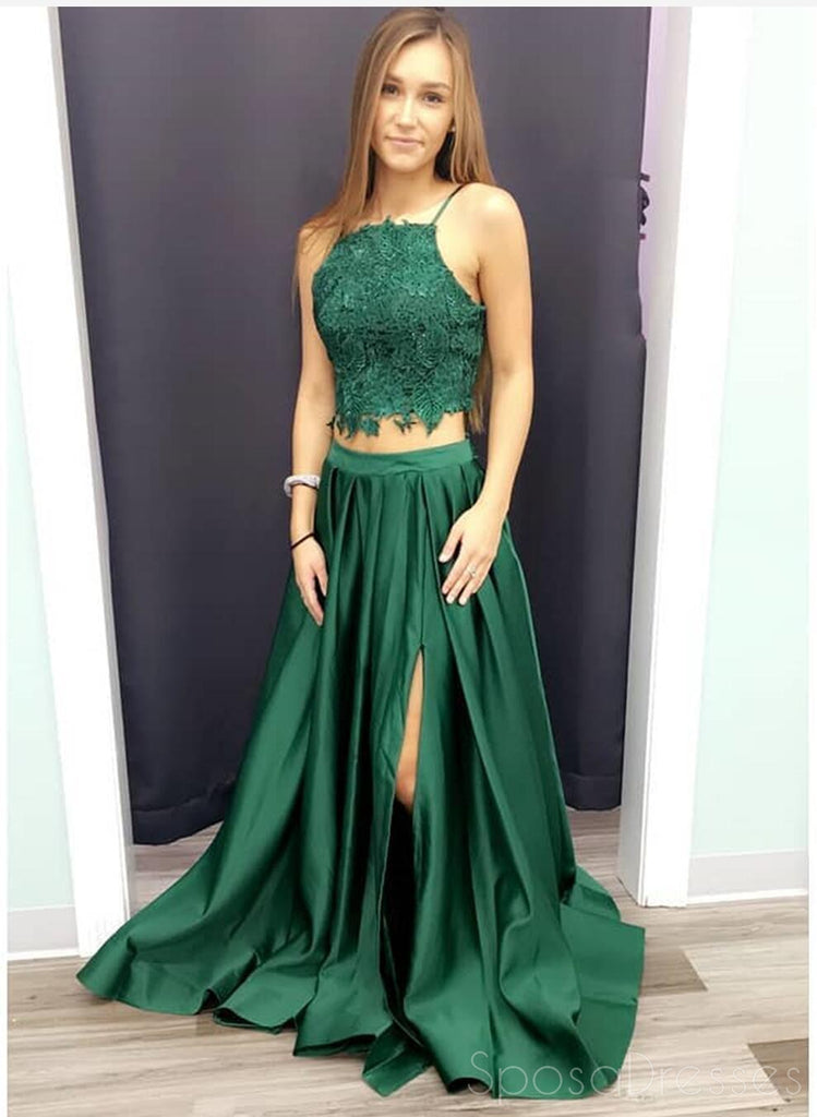 Sexy Two Pieces Emerald Green Side Slit Lace Bodice Long Evening Prom Dresses, Popular Cheap Long Custom Party Prom Dresses, 17319