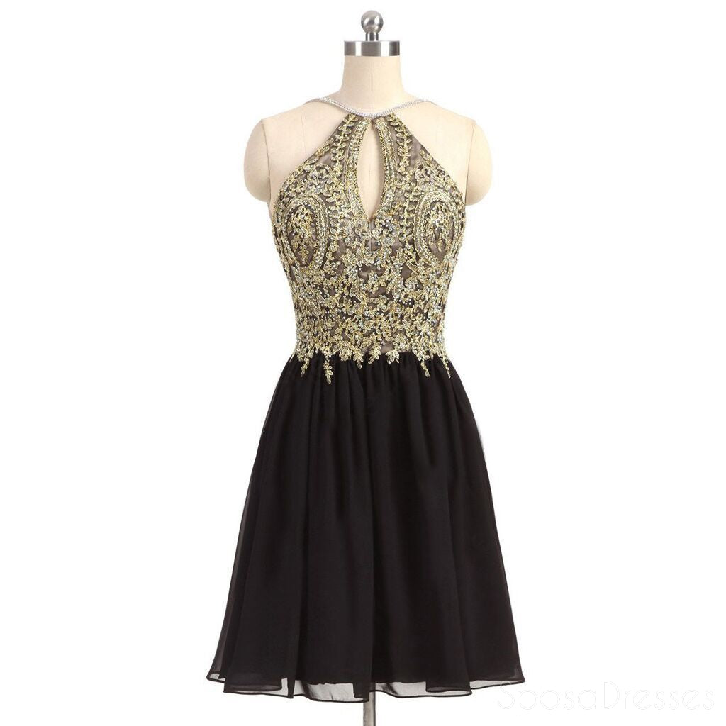 Gold Lace Beaded Black Chiffon Short Homecoming Prom Dresses, Affordable Short Party Prom Sweet 16 Dresses, Perfect Homecoming Cocktail Dresses, CM369