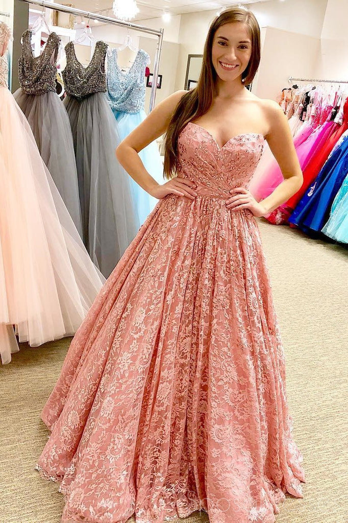 Peach Lace Beaded Sweetheart A-line Cheap Evening Prom Dresses, Sweet 16 Dresses, 17497