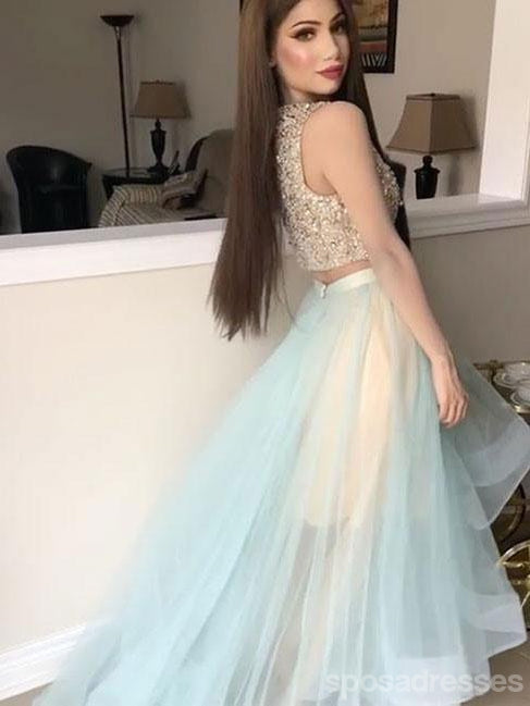 Two Pieces Beaded Tiffany Blue Skirt High Low Custom Evening Prom Dresses, 17436
