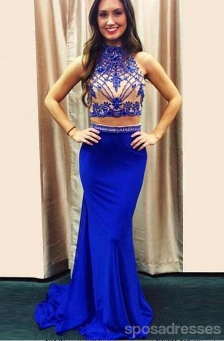 Two Pieces Royal Blue Mermaid Evening Prom Dresses, 2017 Long Sexy Halter Party Prom Dress, Custom Long Prom Dress, Cheap Party Prom Dress, Formal Prom Dress, 17032
