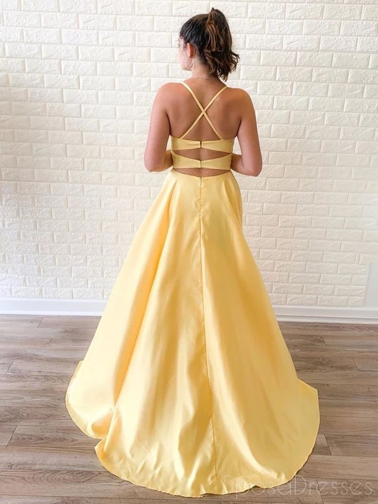 Simple Yellow Side Slit A-line Spaghetti Straps Long Evening Prom Dresses, Evening Party Prom Dresses, 12195
