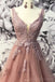V-neck Dusty Peach Tulle A-line vestidos de fiesta de noche larga, vestidos de fiesta personalizados baratos, 18624