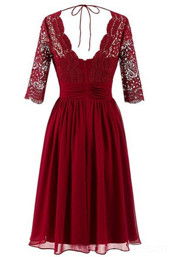 Dark Red Long Sleeve Lace Short Bridesmaid Dresses, Bridesmaid Dresses, BD024