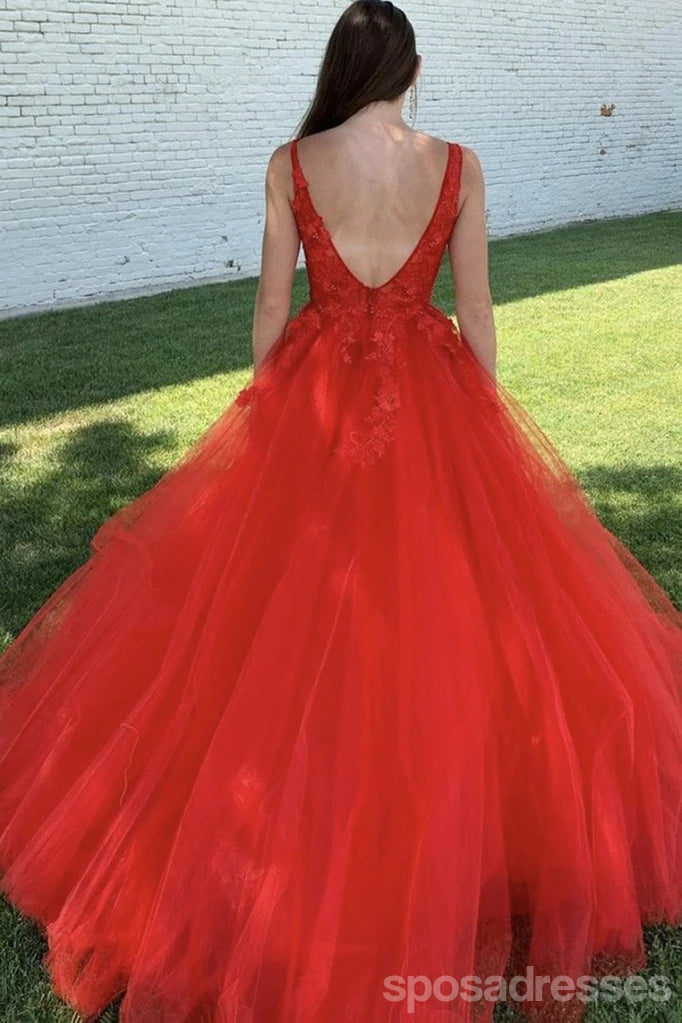 Red A-line V-neck Cheap Long Prom Dresses, Evening Party Dresses,12885