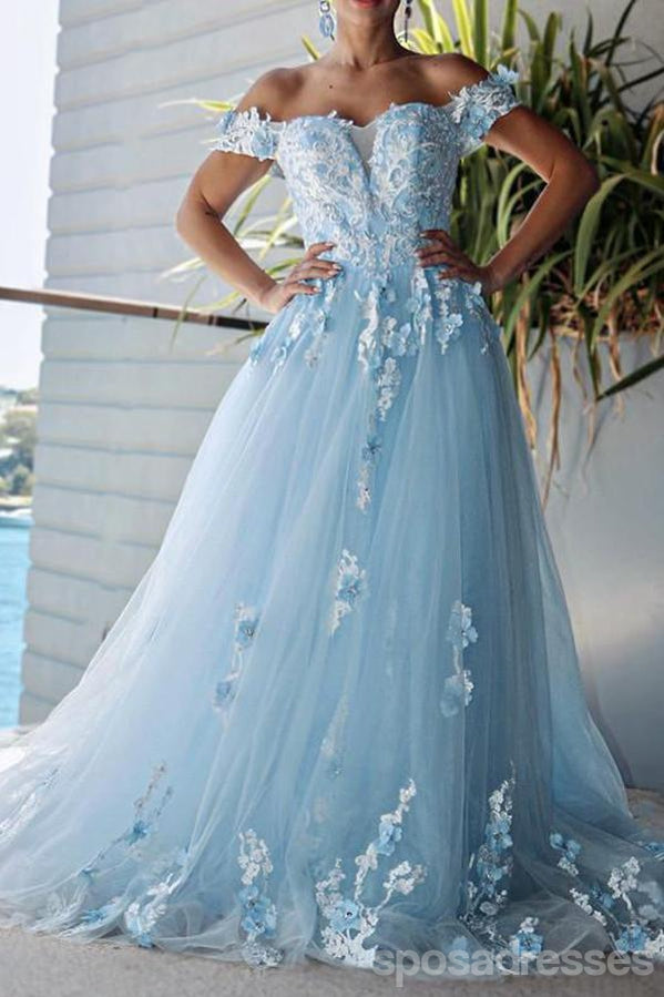 Floral Blue A-line Off Shoulder Long Prom Dresses Online, Dance Dresses,12702