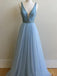 Light Blue V Neck Beaded A-line Long Evening Prom Dresses, 17642