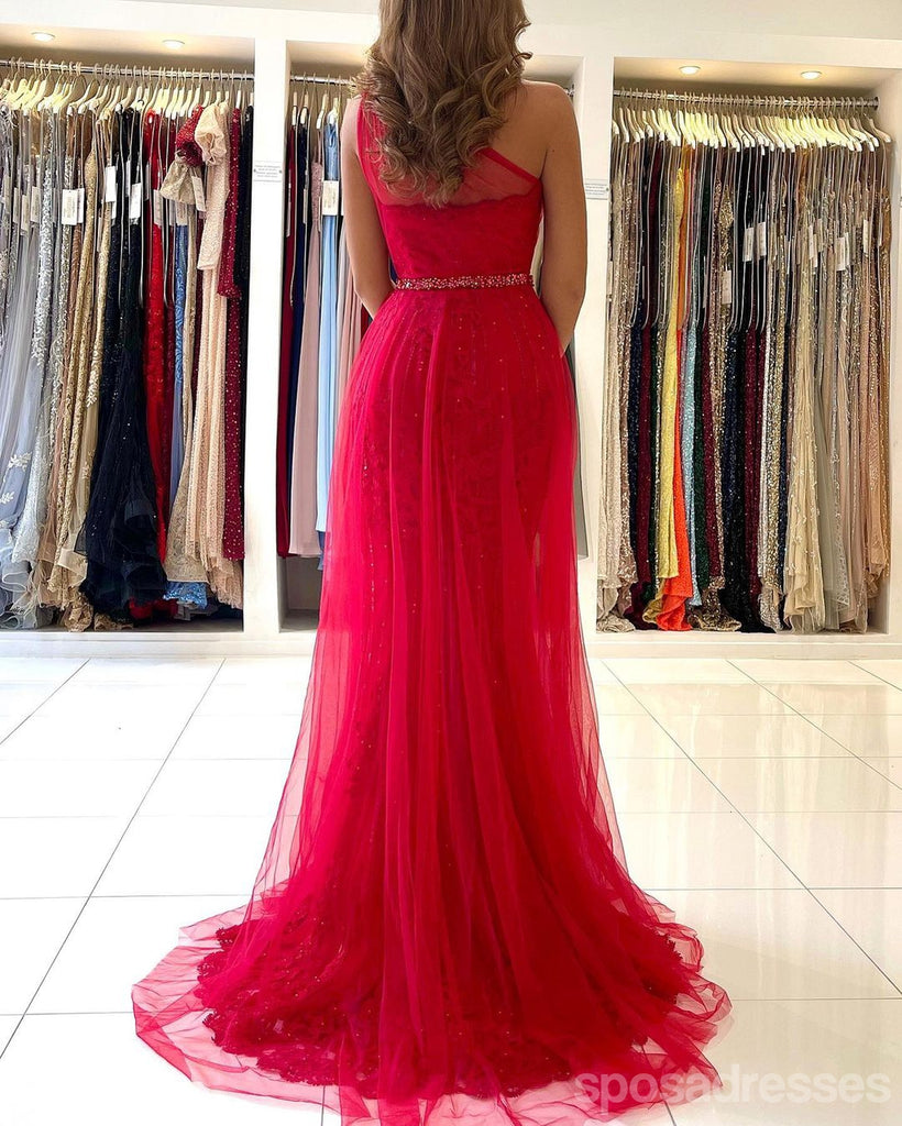 Red A-line One Shoulder High Slit Cheap Long Prom Dresses Online,12876