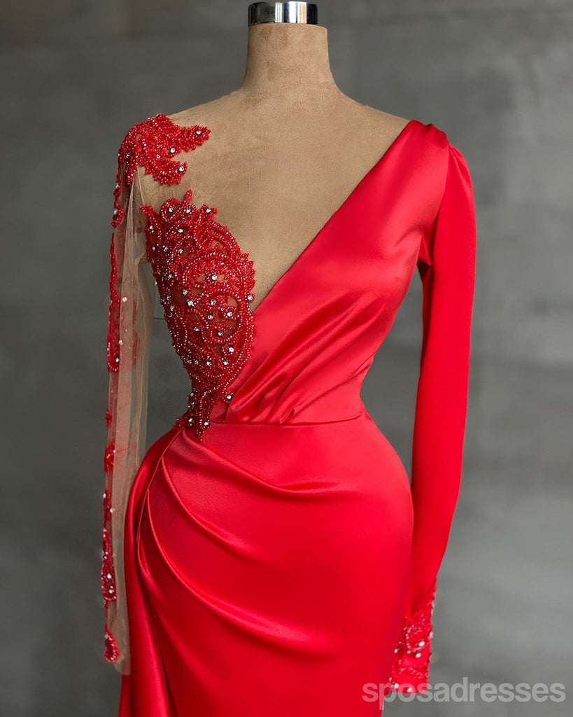 Red Mermaid Long Sleeves V-neck Cheap Long Prom Dresses,12870