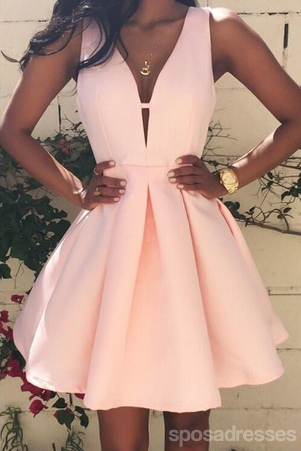 Ροζ V Λαιμό Χαριτωμένο Απλό Φθηνά Σύντομη Φορέματα Homecoming Κάτω από 100, CM390