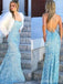 Sexy rückenfreie hellblaue Meerjungfrau lange Abendballkleider, Abendpartyballkleider, 12167