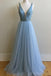Light Blue V Neck Beaded A-line Long Evening Prom Dresses, 17642