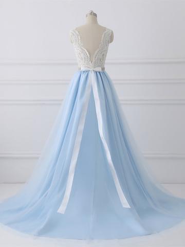 V Neck Lace Straps A line Blue Skirt Long Evening Prom Dresses, 17554