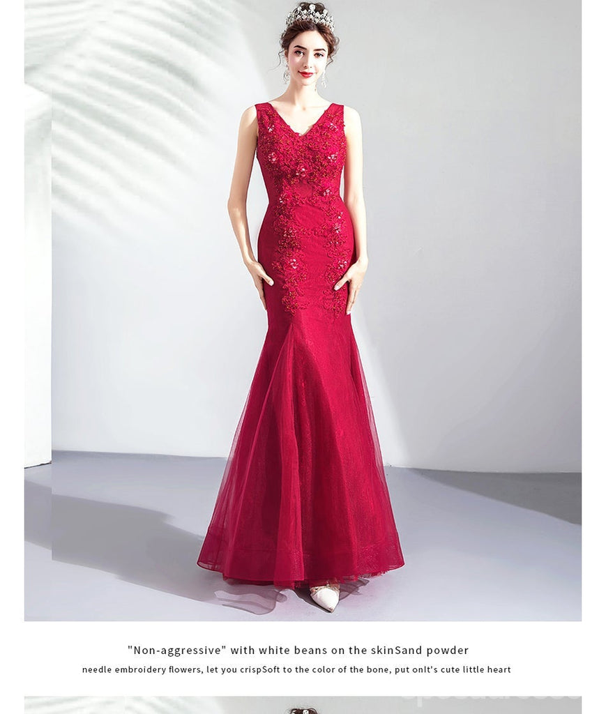 Sexy Red Mermaid V-neck Lace Applique Long Prom Dresses Online,12754
