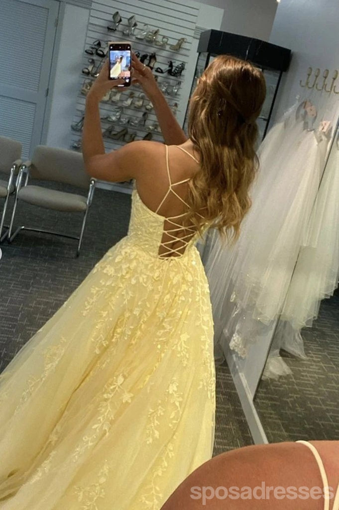 Yellow A-line Spaghetti Straps Backless Long Prom Dresses Online,12711