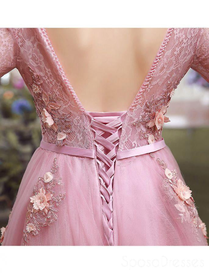 Langarm Pink Lace A-line Langen Abend Prom Kleider Beliebte Billig Lange 2018 Party Prom Kleider, 17310