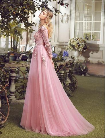 Langarm Pink Lace A-line Langen Abend Prom Kleider Beliebte Billig Lange 2018 Party Prom Kleider, 17310