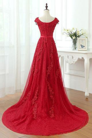 Short Sleeve Scoop Neckline Red Lace Beaded Cheap Long Evening Prom Dresses,17308