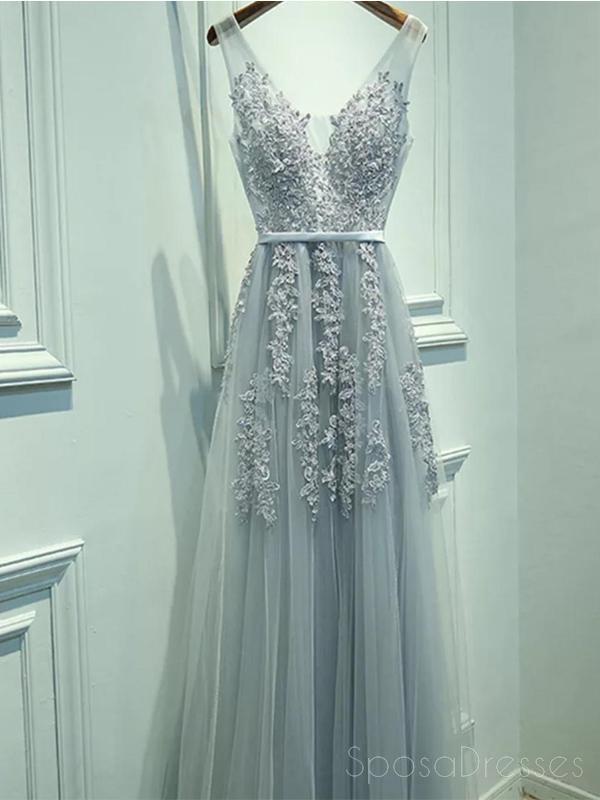V Neckline Grey Lace Evening Prom Dresses, Tulle Long Party Prom Dresses, Custom Cheap prom dresses, prom dresses shop, online prom dresses, 17065