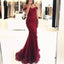 Off Shoulder Burgundy Lace Beaded Evening Mermaid Prom Dresses, Long Sexy Prom Dresses 17132