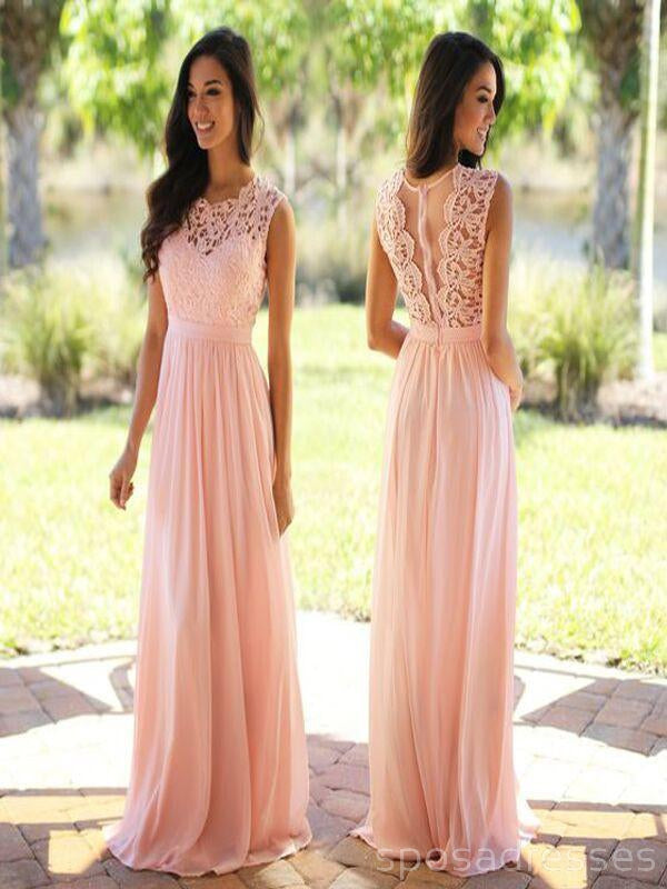 Elegant Lace Floor-Length Blush Pink Cheap Chiffon Bridesmaid Dresses, WG35
