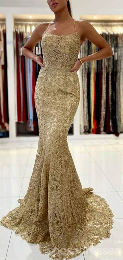 Sexy Gold Mermaid Spaghetti Straps Backless Cheap Long Prom Dresses Online,12682
