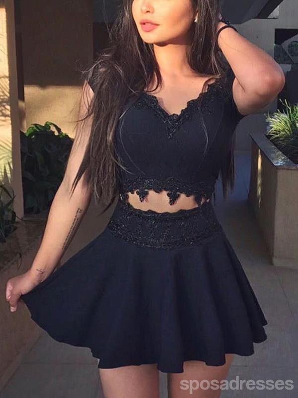 Sexy Two Pieces Black Cap Sleeve Cheap Homecoming Dresses 2018, CM430