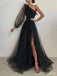 Black A-line One Shoulder Long Sleeves High Slit Prom Dresses Online,12658