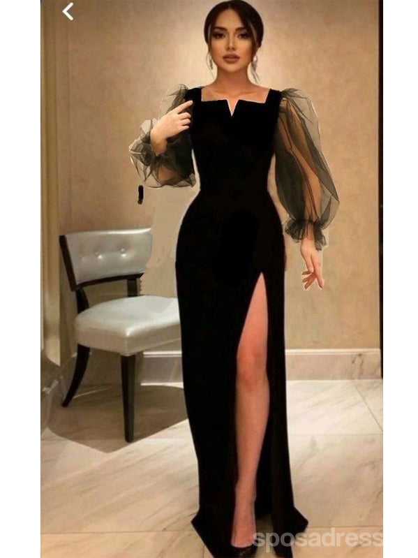 Elegant Black Sheath Long Sleeves Side Slit Cheap Long Prom Dresses Online,12978