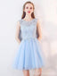 Cute Blue Illusion Lace Φτηνά Κοντά Φορέματα Homecoming Online, CM537