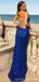 Sexy Blue Mermaid Spaghetti Straps High Slit Maxi Long Prom Dresses,13253