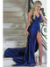 Sexy Blue Mermaid Spaghetti Straps V-neck High Slit Long Prom Dresses Online,13063