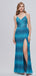 Blue Mermaid Spaghetti Straps Side Slit V-neck Cheap Prom Dresses,12990