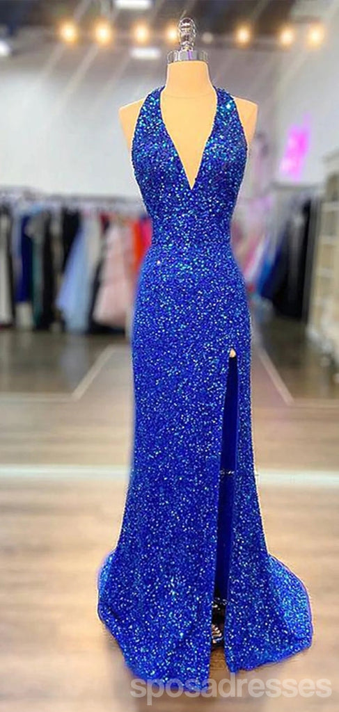 Sexy Blue Mermaid Halter Deep V-neck Long Prom Dresses Online,13062